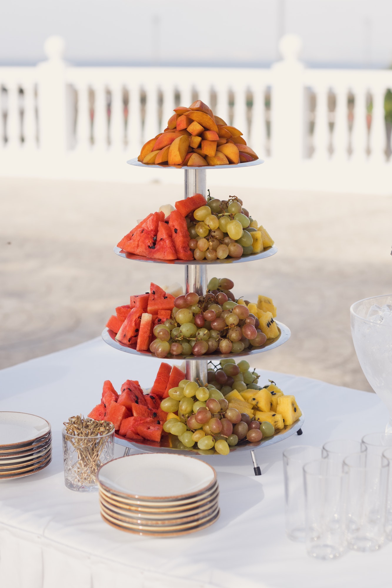Wellcome bar. Serving tower of fruit at an event. Catering service.